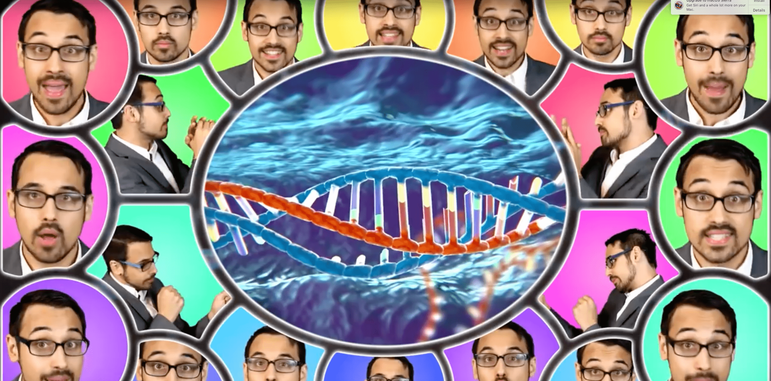 Un cantante en varios círculos a través de la imagen con una hélice de ADN en el centro.