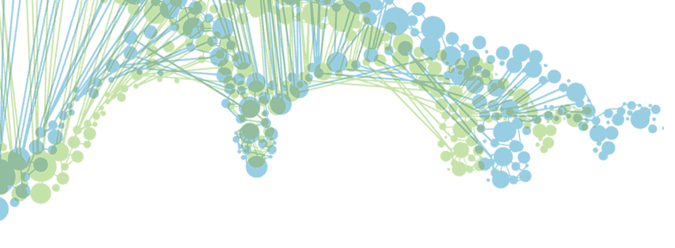 Círculos verdes y azules conectados con líneas que representan una doble hélice de ADN