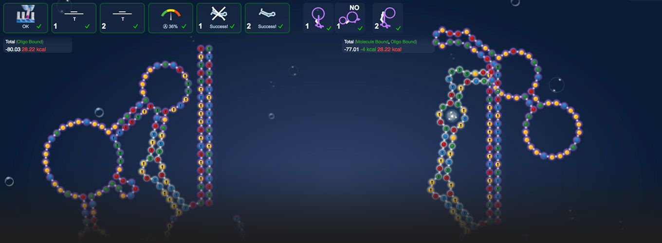 Captura de pantalla del rompecabezas Eterna OpenCRISPR que muestra la pantalla de diseño de ARN