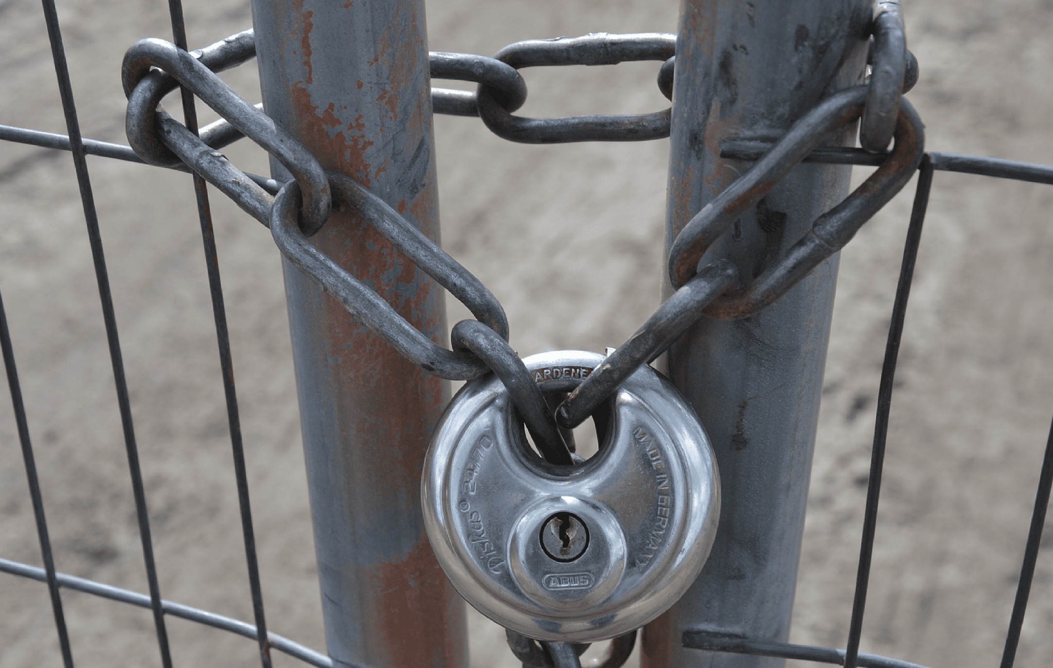 A chain link looped through a fence an secured by a lock
