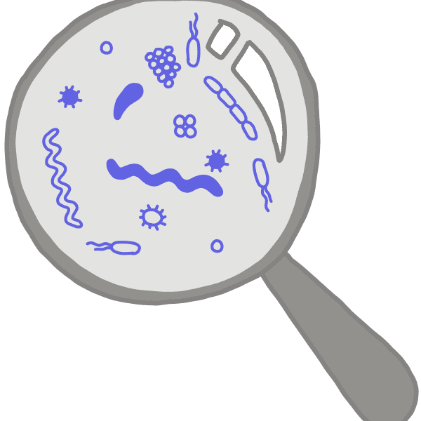 Imagen de una lupa ampliando una imagen de microbios azules