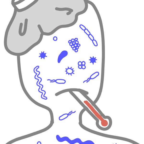 Image of a headshot containing pathogens on its face. The image shows pathogens making a person sick. The person has a thermometer in their mouth and a ice bag on their head.