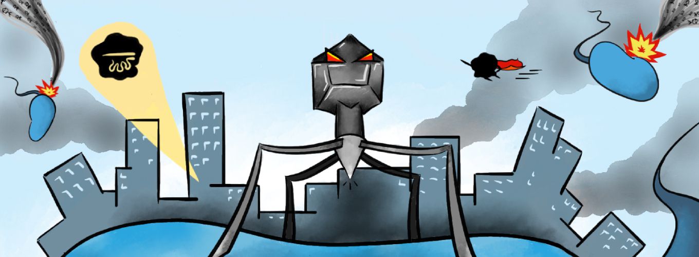 cartoon of a giant phage attacking a city