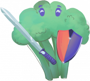 Ilustración de brócoli sosteniendo una espada y un escudo