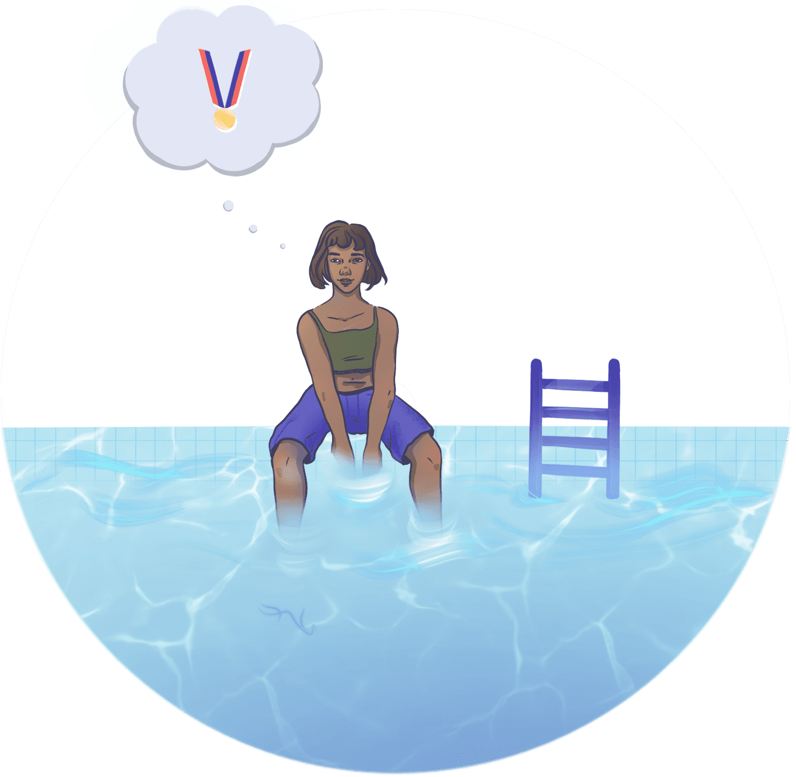 Ilustración de un nadador sentado junto a la piscina. Una burbuja de pensamiento muestra al nadador fantaseando con ganar una medalla de oro.