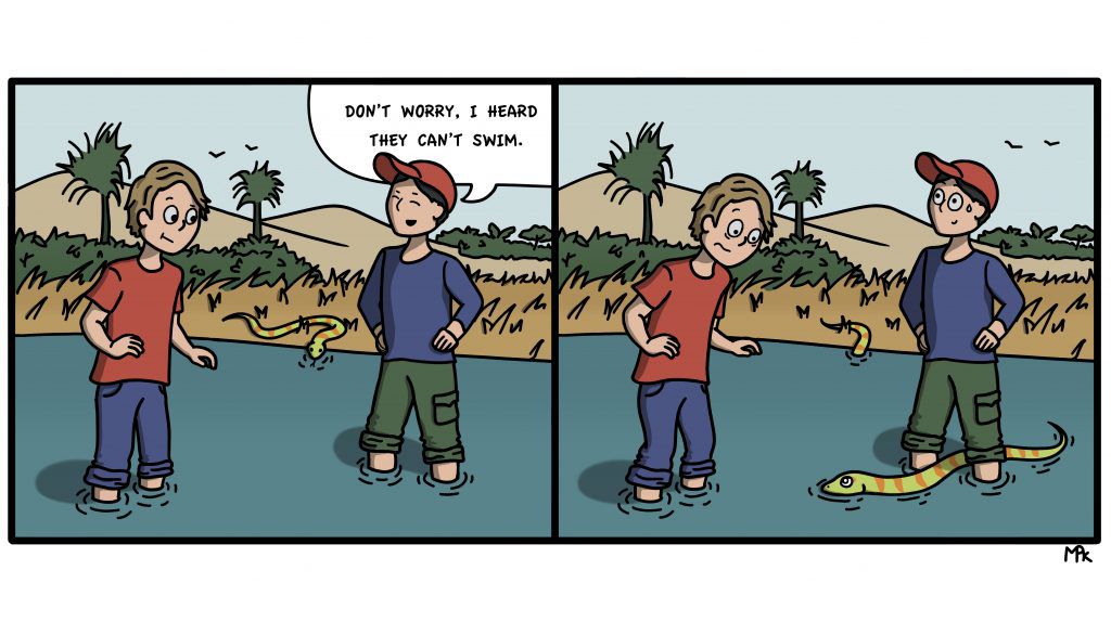 卡通画显示一条蛇在湖中某人的双腿之间游动