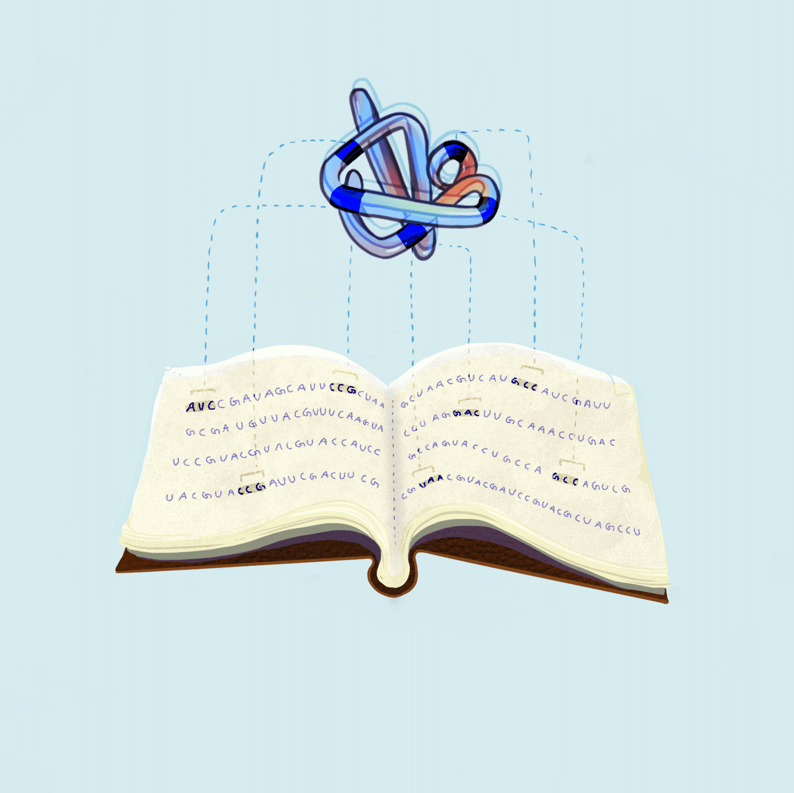 Illustration of a folded peptide above an open book with DNA sequences on the pages