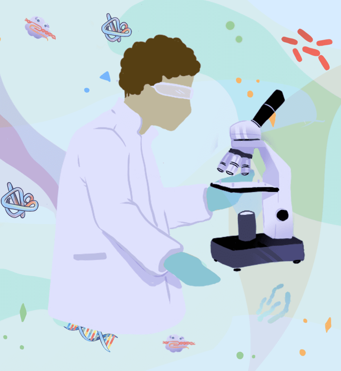 Ilustración de un estudiante de biología con un microscopio