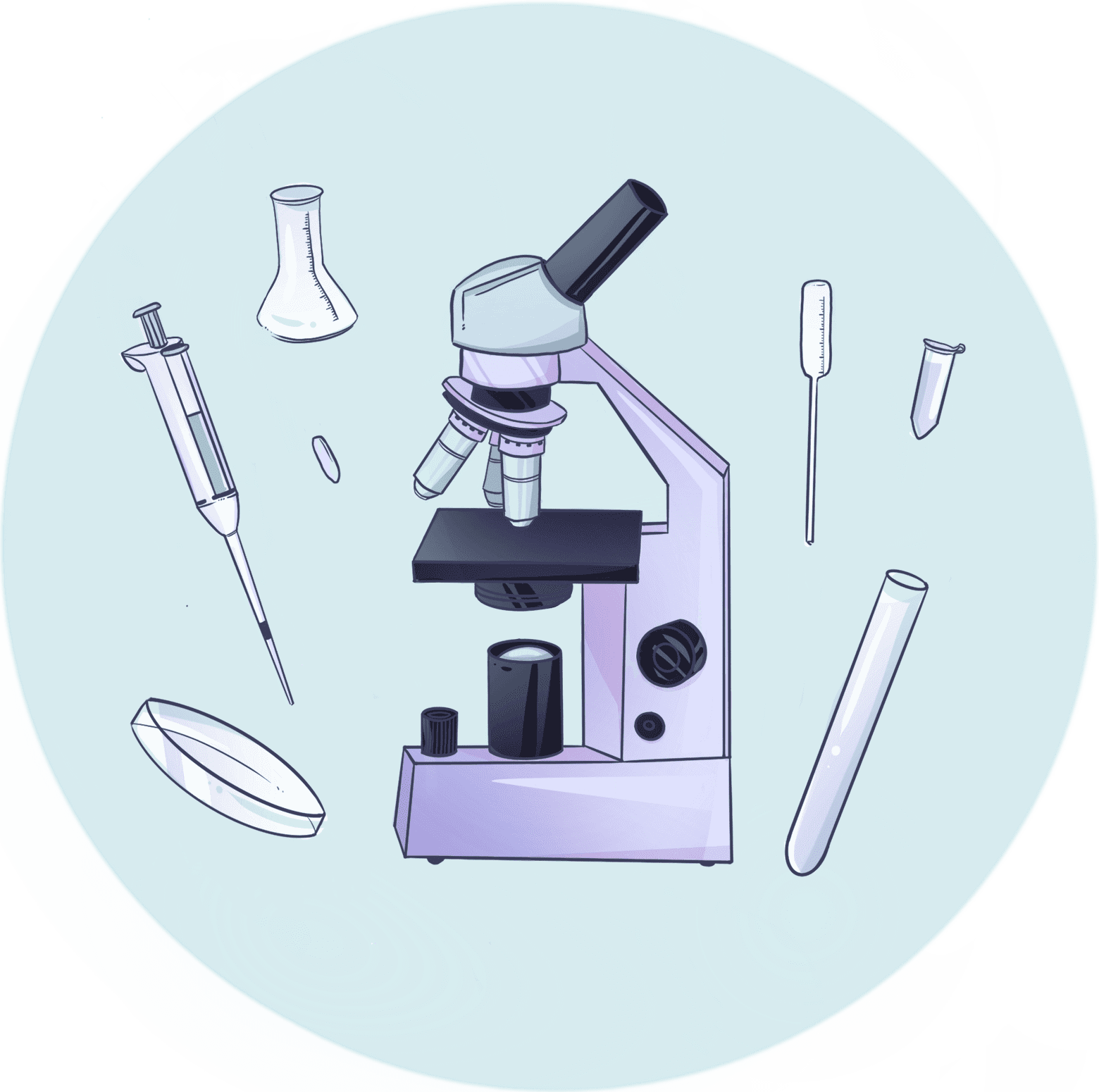 Illustration of a microscope surrounded by a flask, dropper, test tube, and other lab equipment
