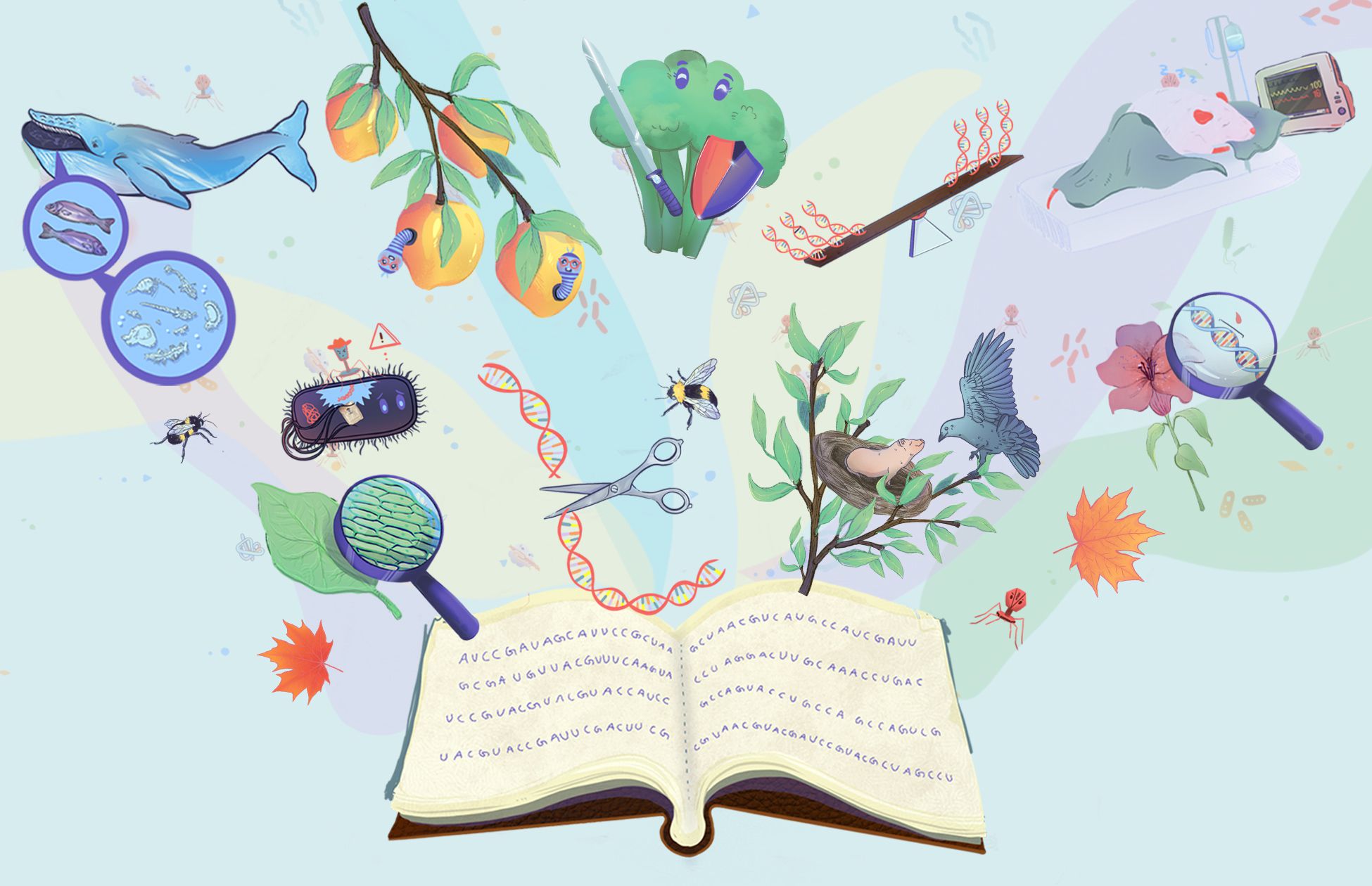 Illustration shows a book open with DNA sequences written inside of it and plants, animals, and microbes coming out of it, all relating to CRISPR