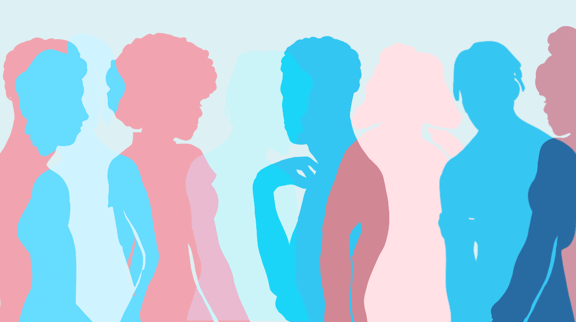 Cut out human figures in overlappinmg pink and blue