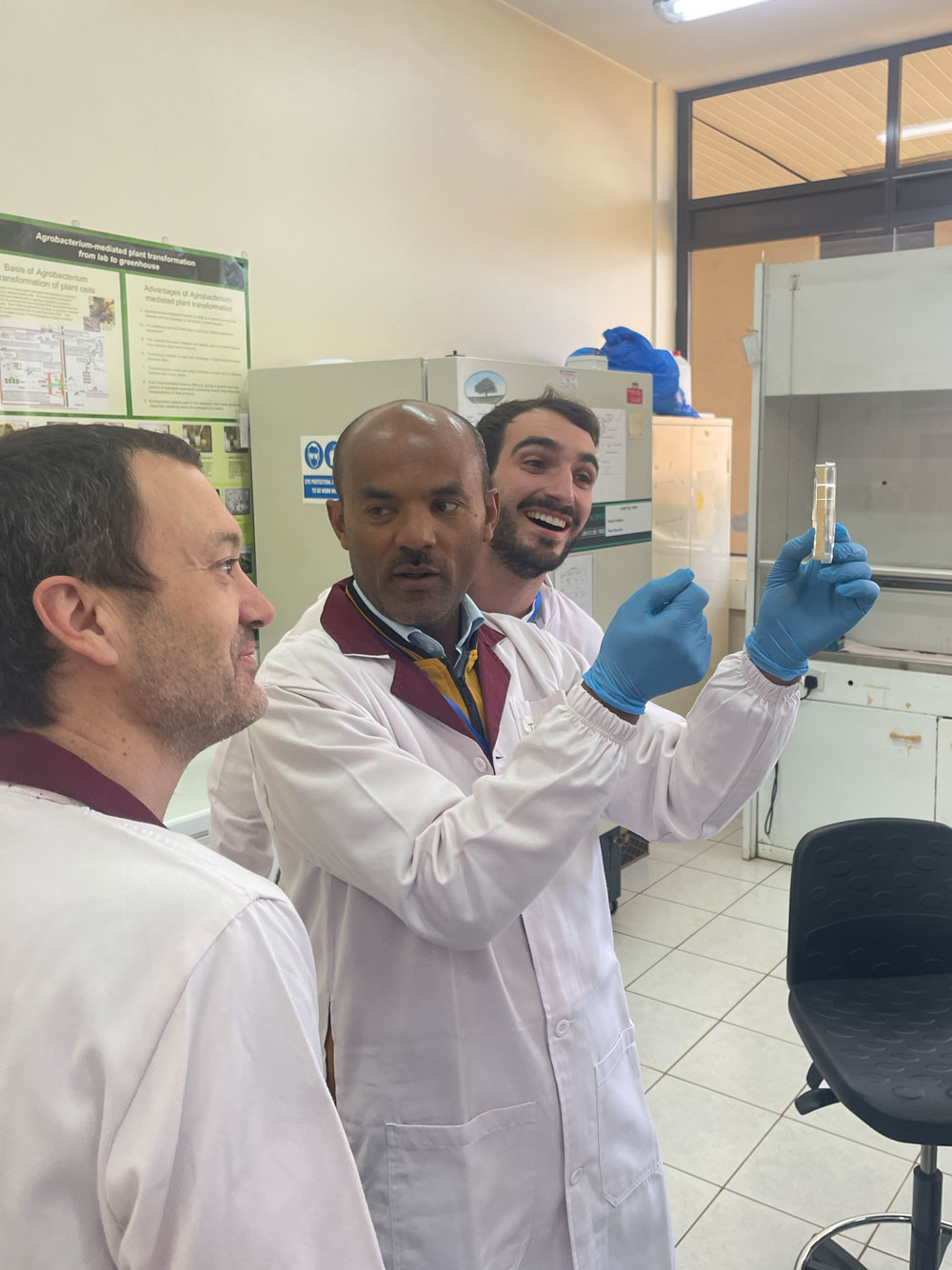 Photo of Dave Savage, Nicholas Karavolias, and Nuhamin Tilahun in lab