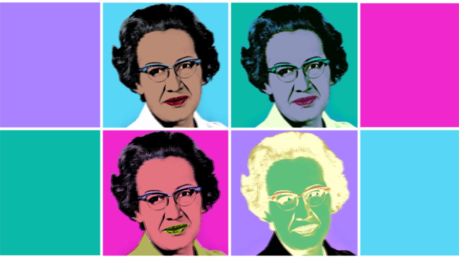 Portrait of Katherine Johnson in the style of Andy Warhol’s colorful offset prints of Marilyn Monroe.