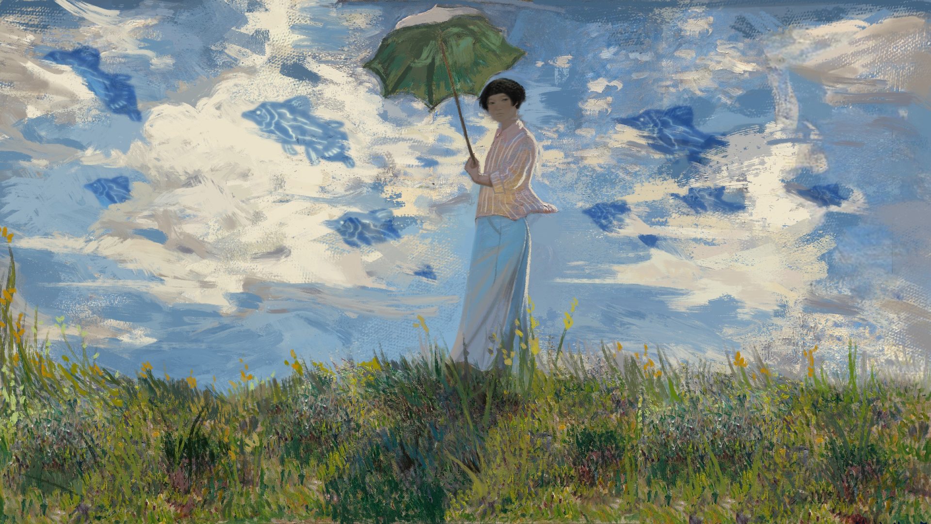 Portrait of Meemann Chang in the style of French Impressionist Claude Monet’s “Woman With a Parasol.”