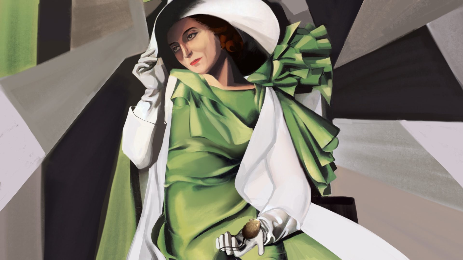 Portrait of Rita Levi-Montalcini in the style of Temara de Lempicka’s “Young Lady with Gloves.”