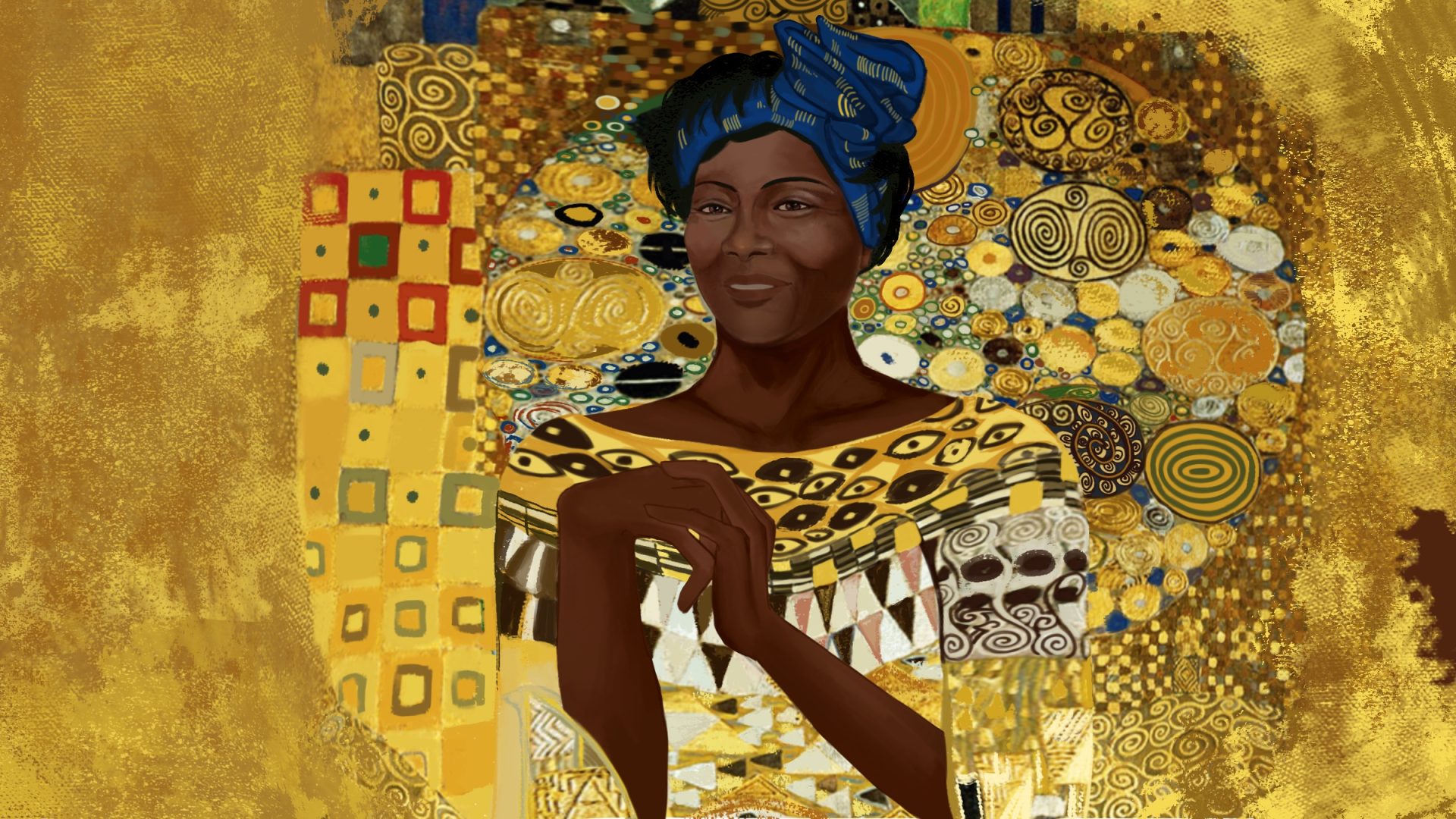 Portrait of Wangari Maathia in the style of Austrian painter Gustav Klimt’s “Adele Bloch-Bauer II.”