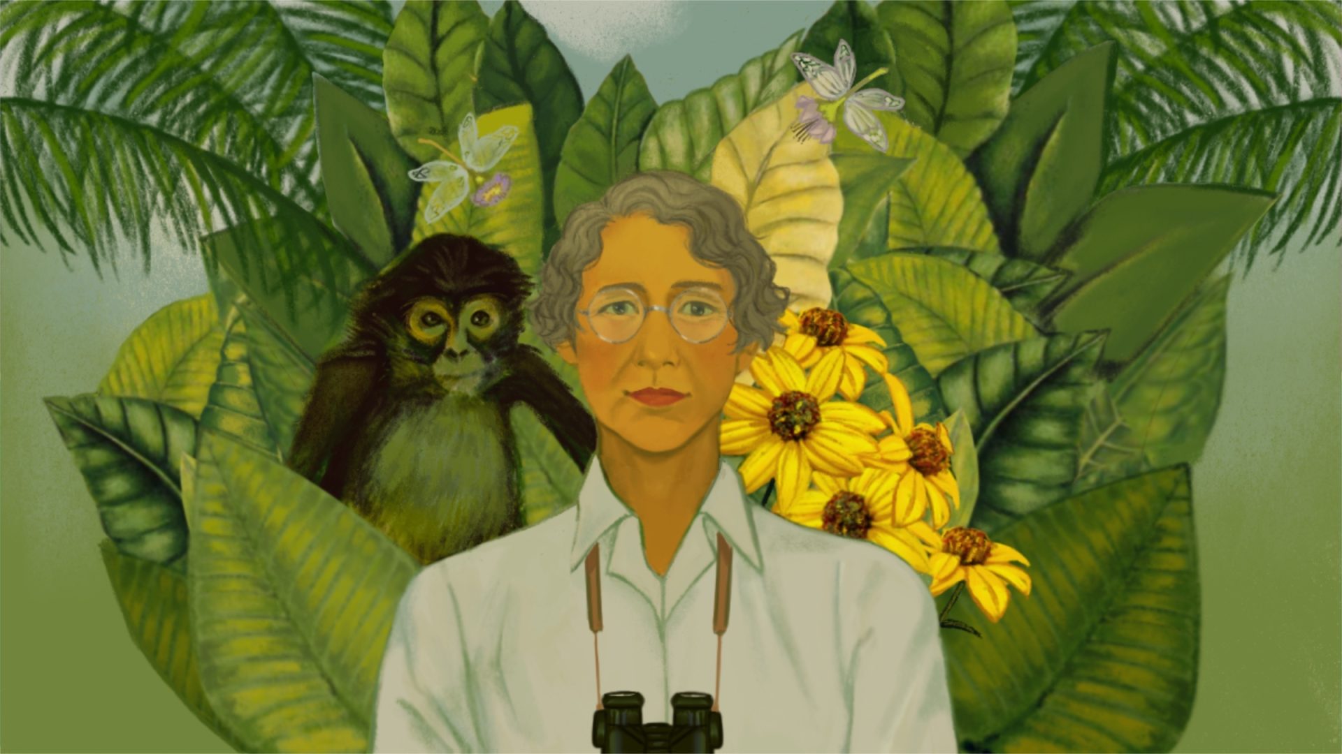 Portrait of Ynés Mexia in the style of Frida Kahlo’s “Self Portrait with Monkey.”