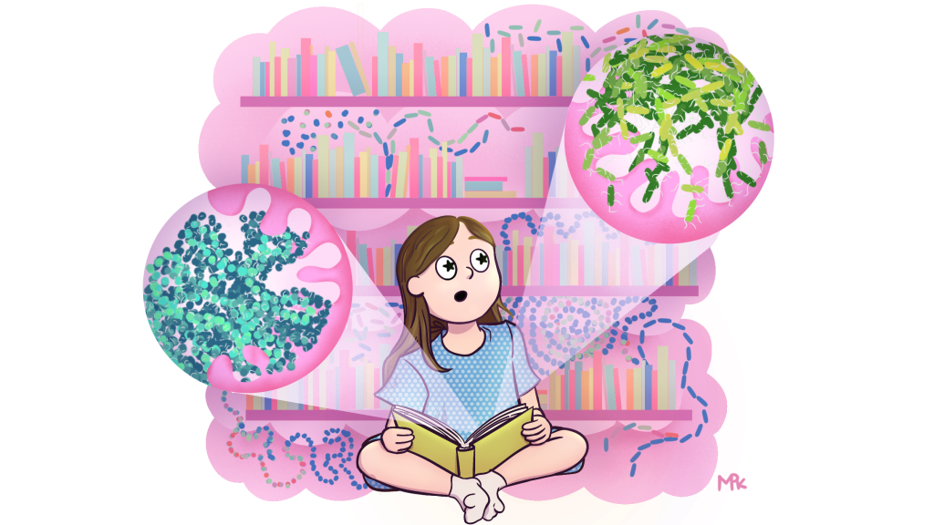 Cartoon of a young Kelsey sitting in the library reading books about microbes