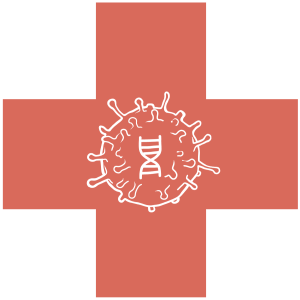 Image of a spherical virus containing a DNA. This virus is in the center of a red cross.