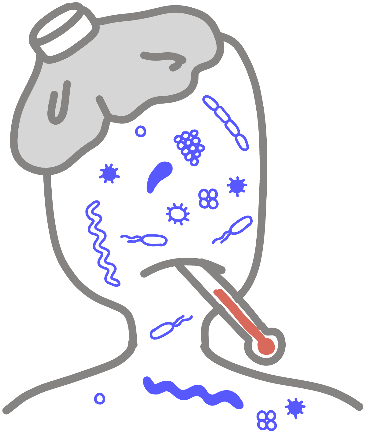 Image of a headshot containing pathogens on its face. The image shows pathogens making a person sick. The person has a thermometer in their mouth and a ice bag on their head.