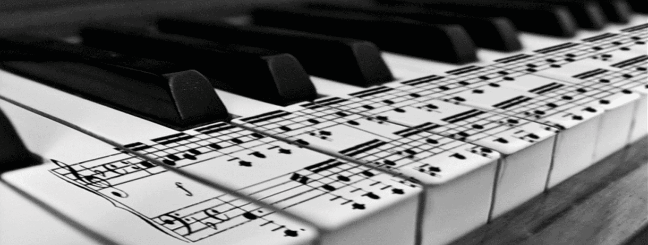 Photo of music printed on piano keys