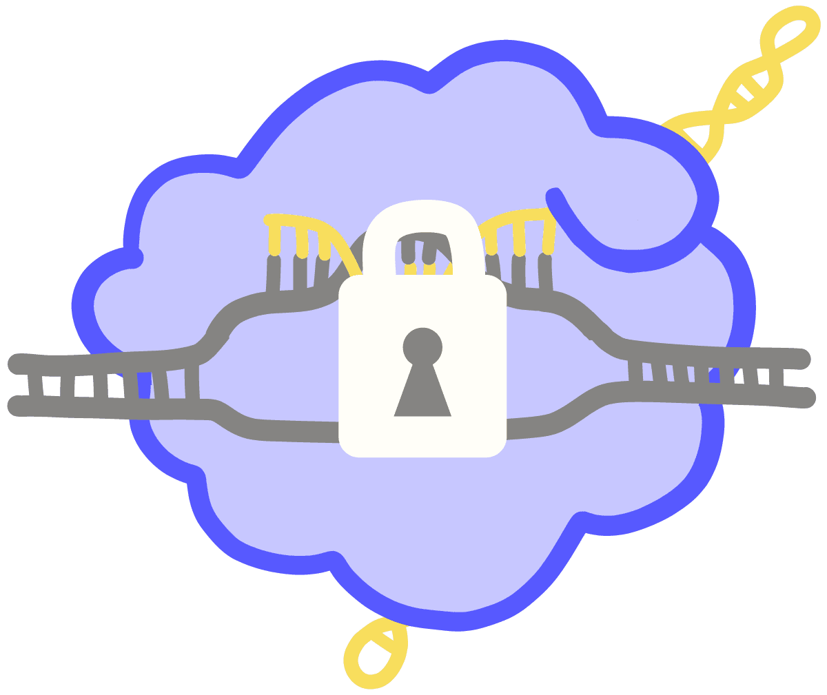 Image of blue dCas9 with a lock, representing its lost endonuclease activity.