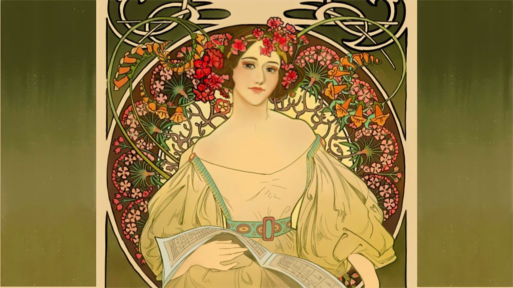 Portrait of Ada Lovelace in the style of Czech artist Alphonse Mucha’s lithograph “Daydream.”