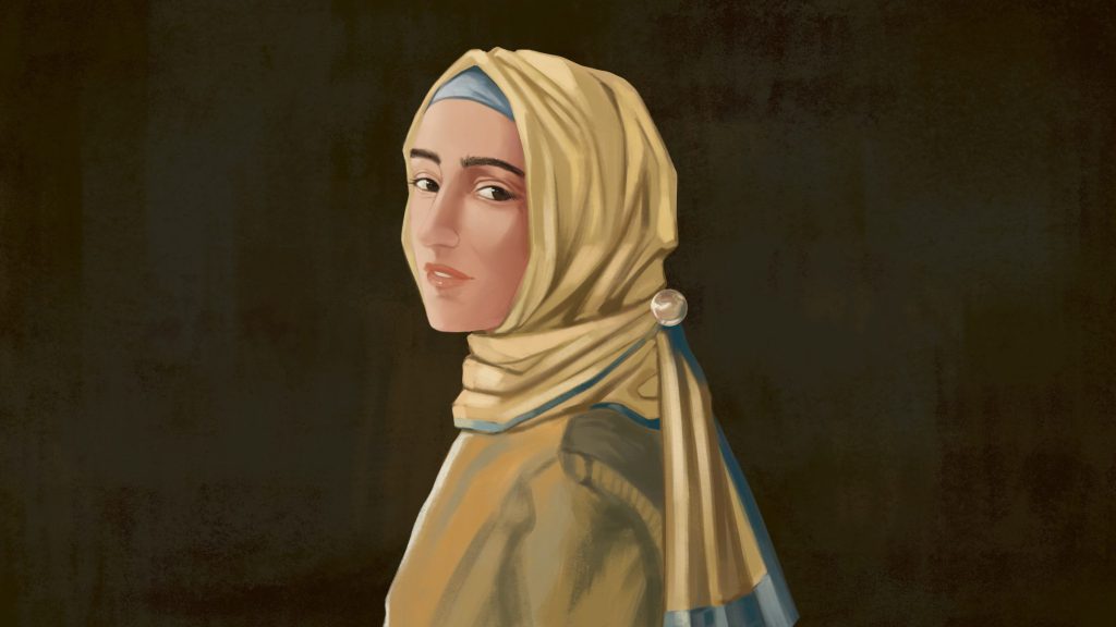 Portrait of Burcin Mutlu-Pakdil in the style of Dutch painter Johannes Vermeer’s “Girl With the Pearl Earring”