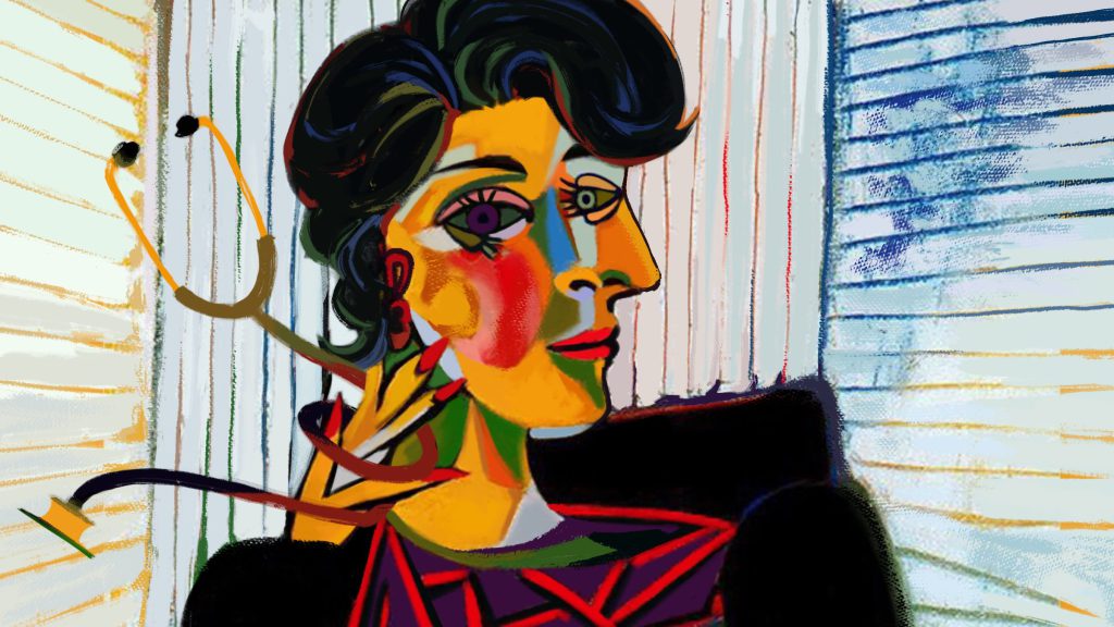 Portrait of Helen Rodríguez Trías in the style of Spanish painter Pablo Picasso’s “Portrait of Dora Maar.”