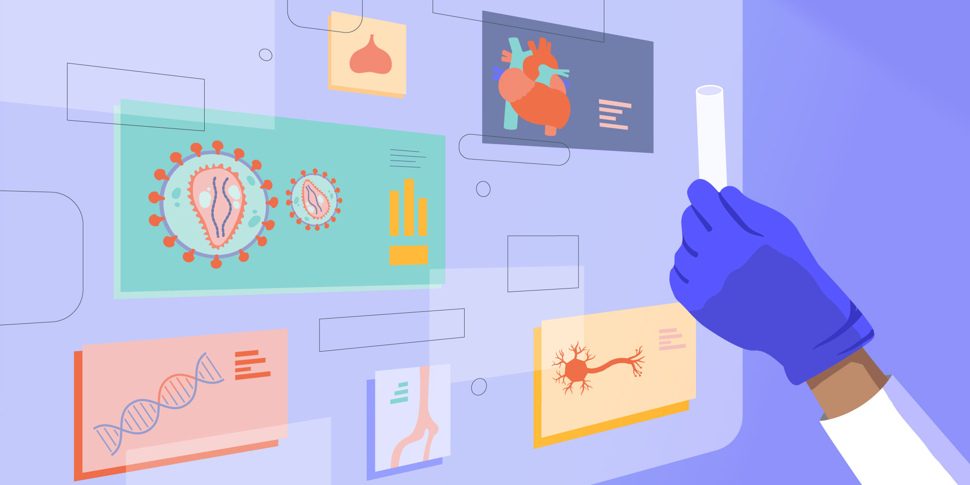 Illustration of holding a test tube in front of board with data panels showing different organs and cells