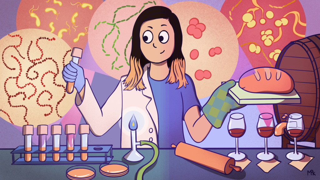 comic of Yue Clare Lou, showing a bacterial culture tube and a bunsen burner on one side, and bread and wine on the other, to illustrate her passion for microbiology at work and at home