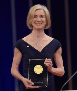 Jennifer Doudna holding her Japan Prize at the formal award ceremony in Tokyo