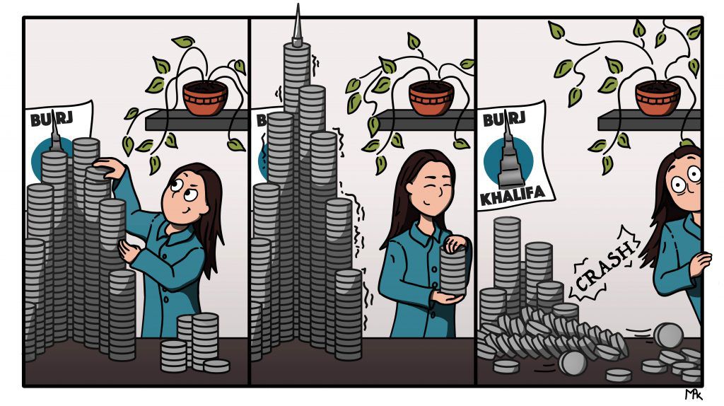 comic shows a scientist stacking plates into a the shape of building. The plates then collapse, making a loud sound