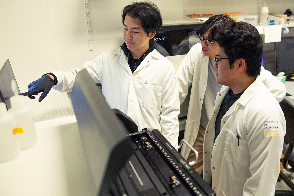 Kenneth Loi, Terry Zhang and Peter Yoon examining an image of a gel in the Doudna lab