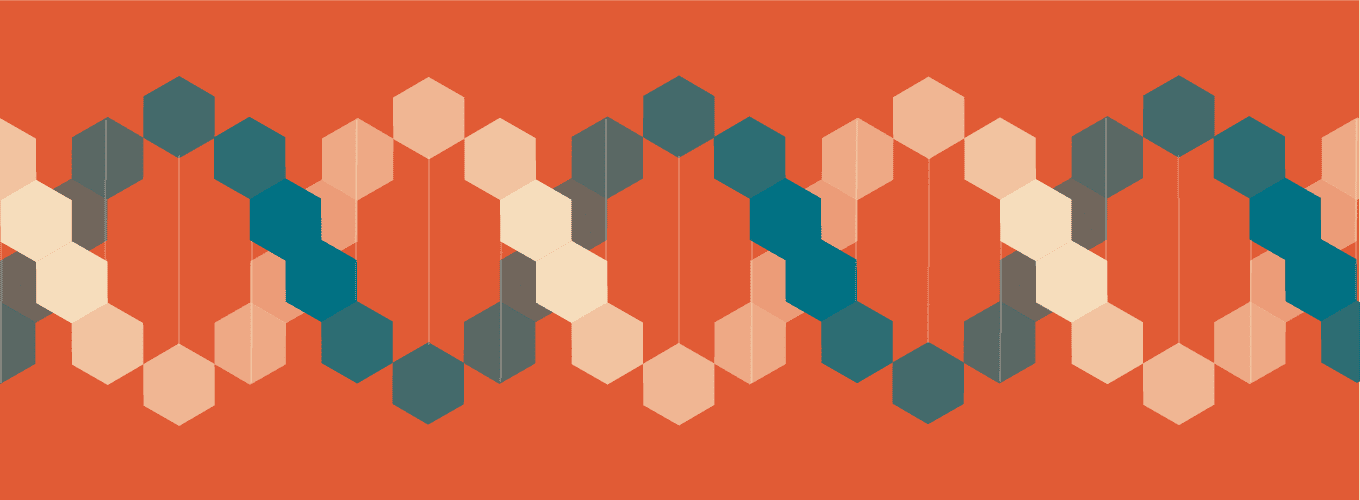 Orange background with a DNA cartoon made of hexagons