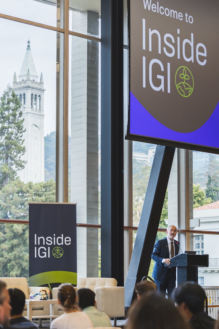 Chancellor Rich Lyons kicks off the conference with his vision for innovation at UC Berkeley. The campanile bell tower is framed in the window behind him.