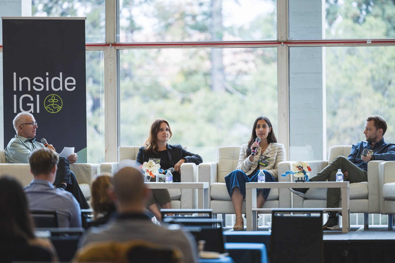 IGI Director of Sustainable Agriculture Brian STaskawicz moderates a panel on crop improvement featuring panelists Ksenia Krasileva, Gozde Demirer, and Ben Williams.