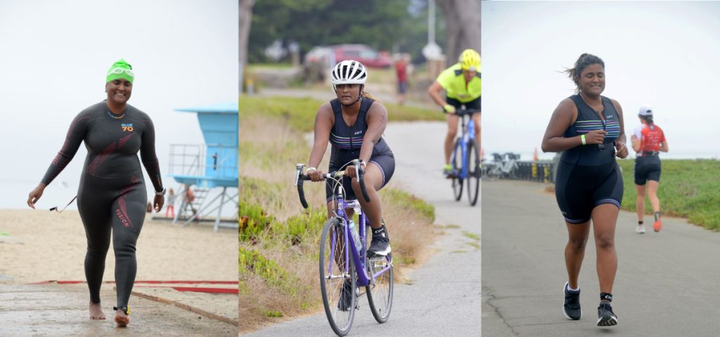 Judee Sharon competing in the Santa Cruz triathlon. A sprint triathlon with a half-mile swim, a 12-mile bike ride, and a 3.2-mile run.